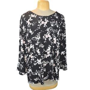 Karl Lagerfeld Paris Women's 3X Black Pink Floral Bell Sleeve Blouse Boho Career